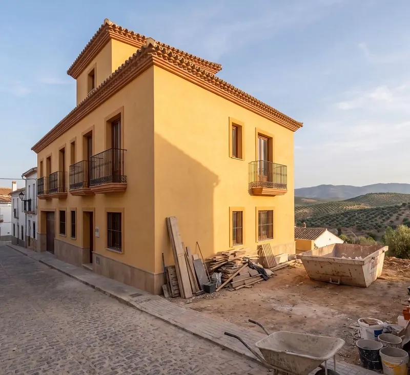 Renovated house with fresh ochre render, tiled eaves and wrought-iron balconies