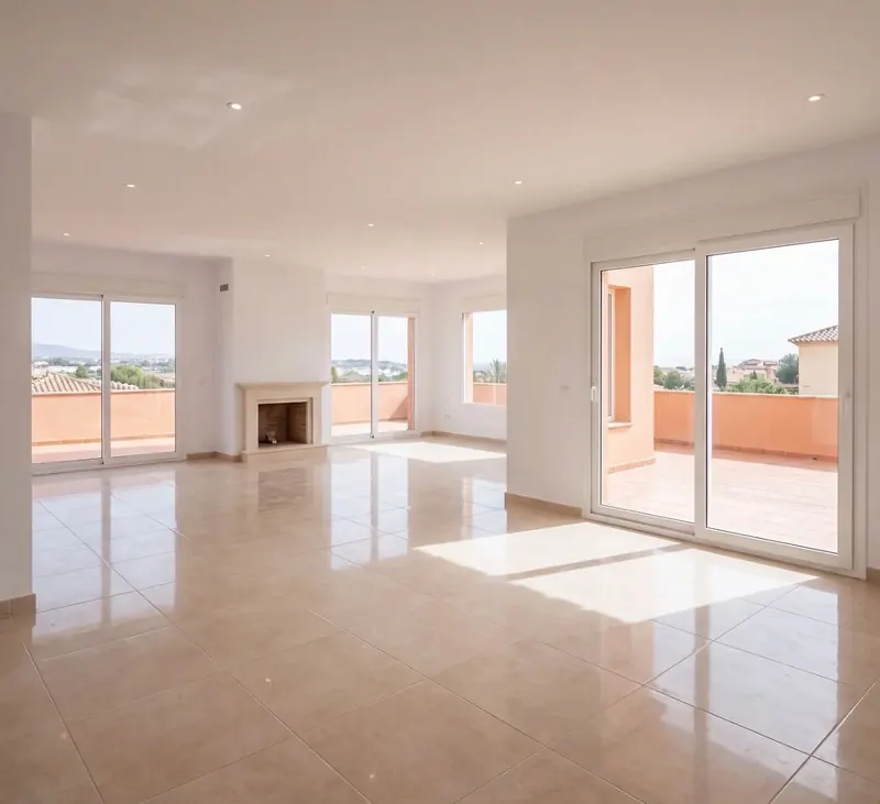 Bright open-plan lounge with large polished floor tiles and doors onto a terrace